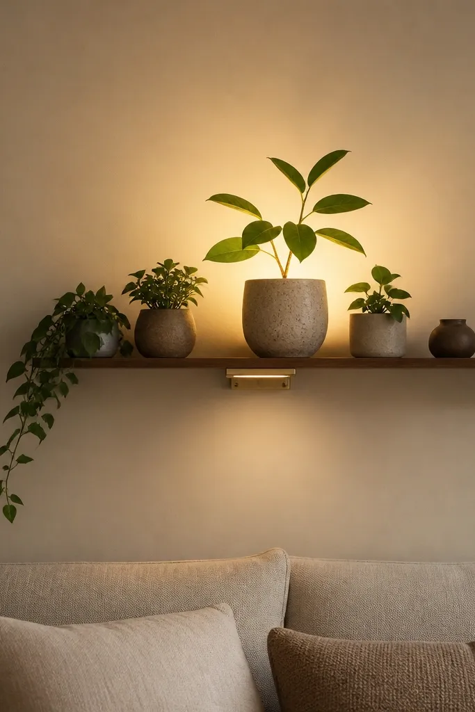 A slim shelf above the sofa holds a few small pots. A small picture light is mounted under the shelf edge and points upward at the plants. The wall is beige, and the light creates a warm halo behind the leaves.
