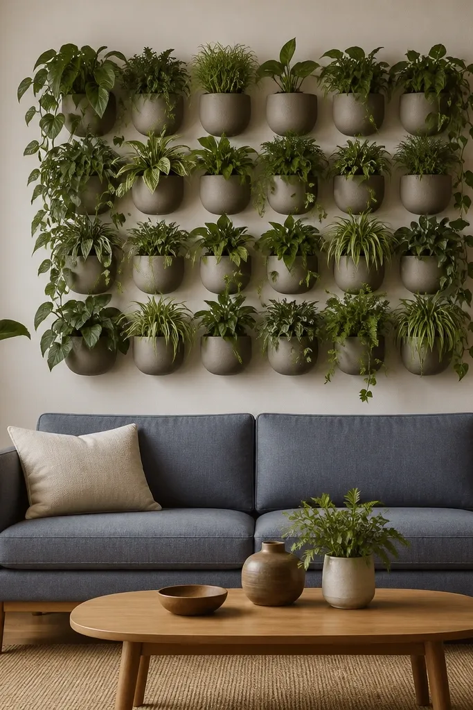 A grid of small hanging planters is mounted on the wall behind the sofa in a neat rectangle. Each planter is matte and similar in size, with a mix of plants. Leaves fill the grid edges. The sofa is a mid-tone blue-gray with a cream cushion.