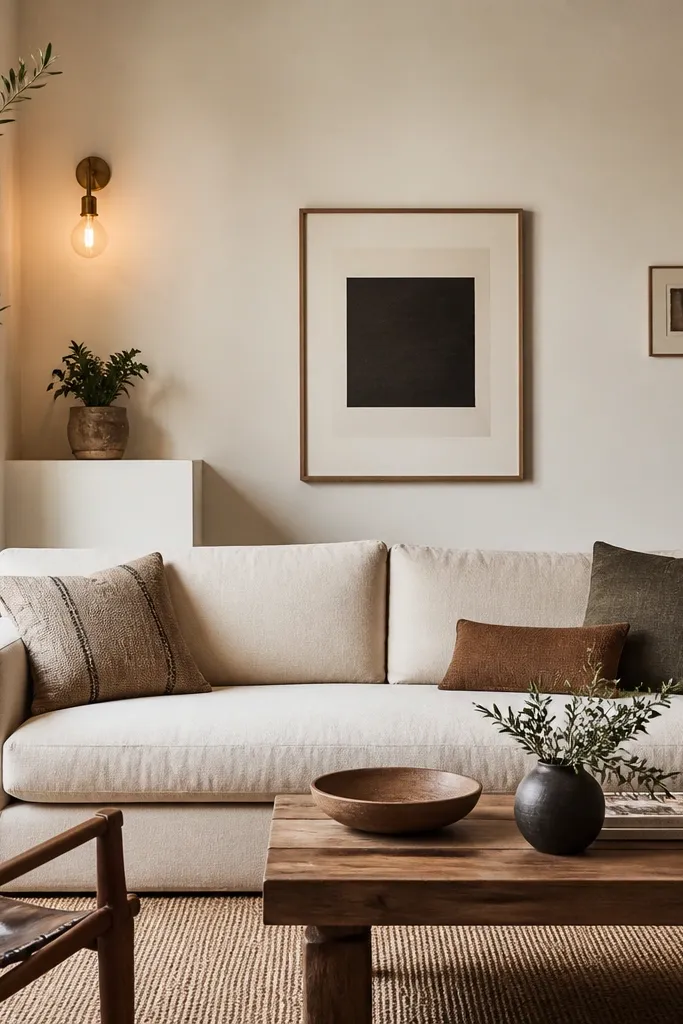 On one side of the sofa back wall, a wall sconce holds a warm bulb. Beneath it, a small plant in a ceramic pot sits on a narrow wall ledge. The other side has only one small frame. The wall is warm white.
