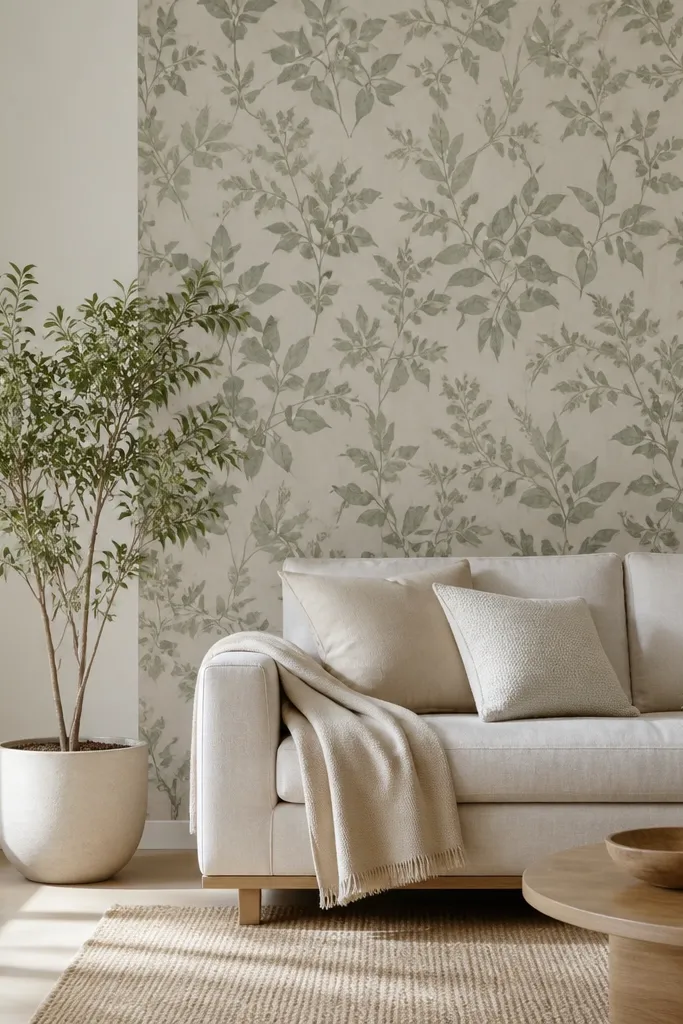 A small section of the wall behind the sofa is covered in a subtle botanical wallpaper pattern. In front of that section sits a real plant in a neutral pot. The sofa is simple and light, and the wallpaper panel has clean edges.