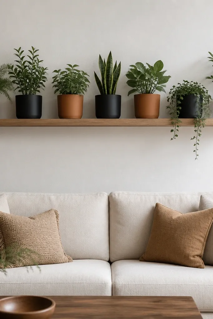 A shelf above the sofa holds alternating terracotta and matte black planters. Each planter contains plants with different leaf textures but the pot colors repeat in a strict order. The wall is white and the shelf looks floating.
