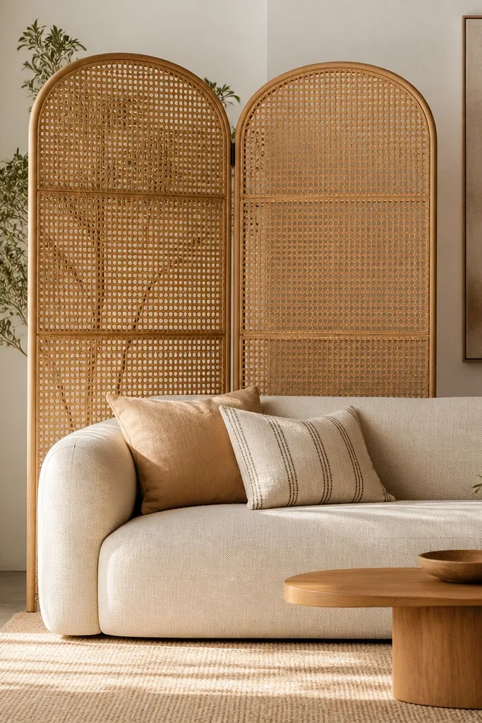 A rattan screen stands behind the sofa, partially covering the wall. A tall plant sits behind the screen, visible through the rattan weave. The screen has a natural honey finish. The sofa is cream linen with two throw pillows.