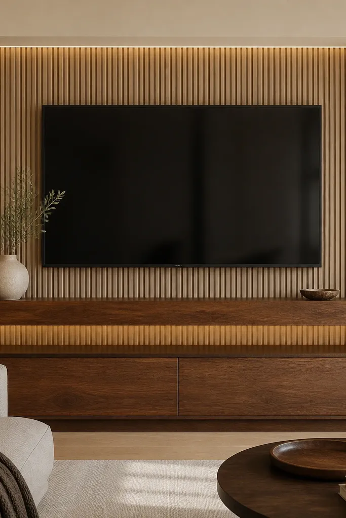 A large TV centered on a wall framed by vertical fluted paneling in warm beige. A thick walnut mantel shelf sits directly below the screen, with a slim recessed LED line washing the flutes. A low walnut media console with two closed doors runs under the shelf.