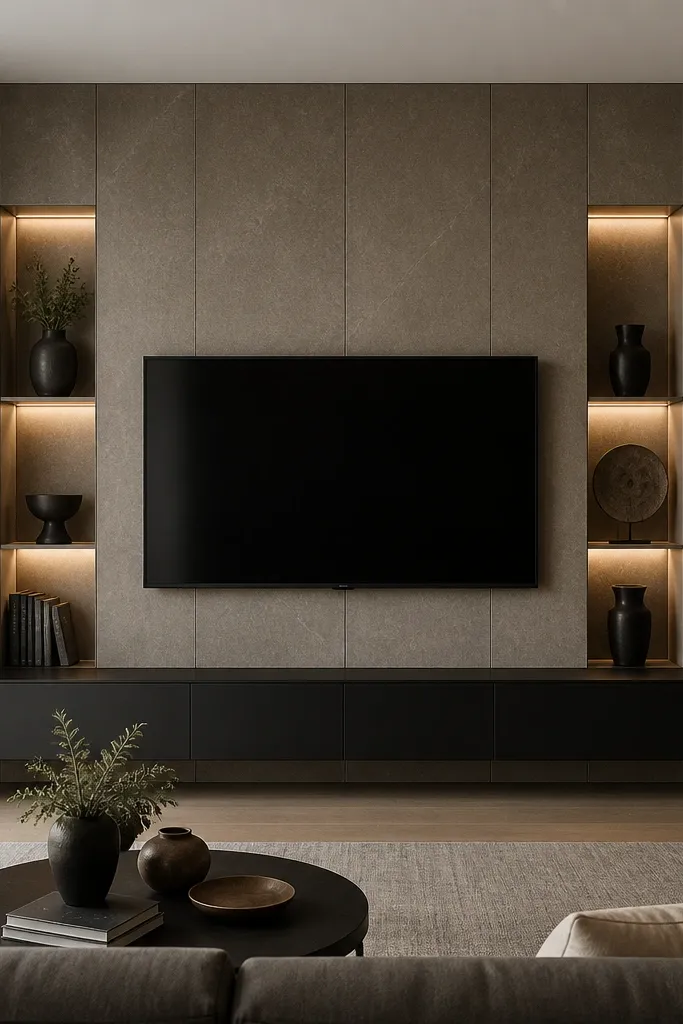 A TV mounted on a full-height stone-look panel wall in taupe-gray. Two recessed display niches flank the TV, each lit with warm micro-LEDs. A slim floating media cabinet in matte black sits below, with the TV centered between the niches.