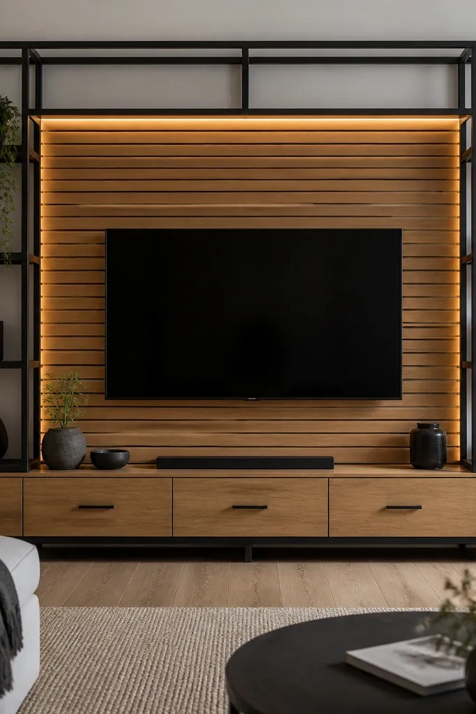 A TV centered within a grid-like surround made from blackened steel bars. Behind the TV is a warm oak slat wall with horizontal spacing. A low oak console with black pulls matches the grid, and a thin LED strip outlines the inner frame.