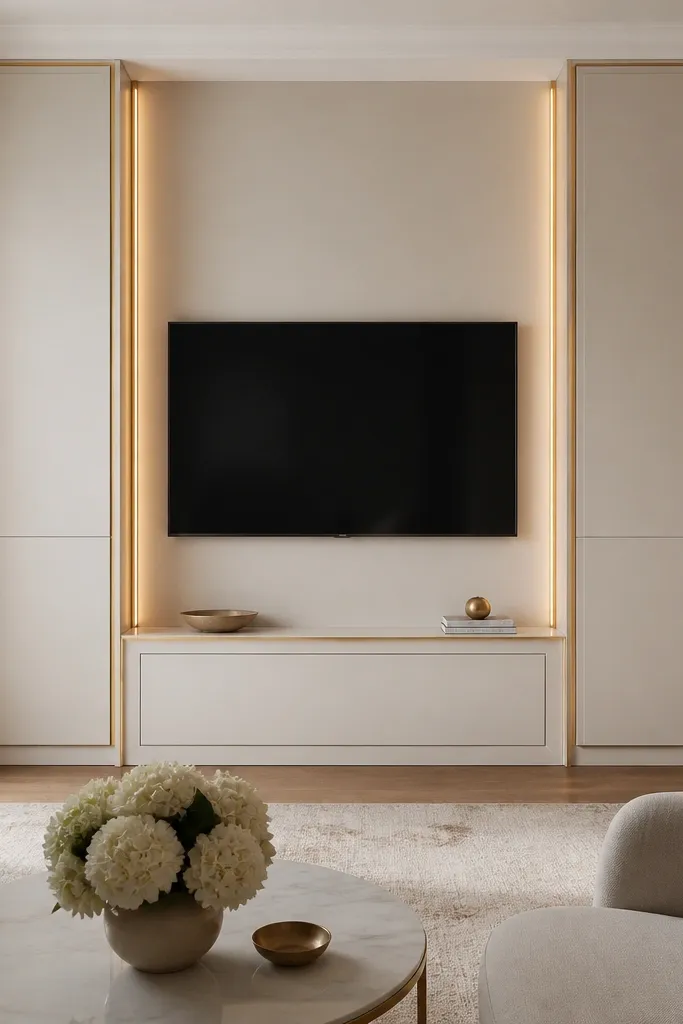 Two tall vertical cabinet columns in off-white flank the TV. The center section has a panel door hiding the media gear when closed. The TV sits above a recessed console niche, and slim gold trims outline the columns. Warm LED strips run along the inner edges.