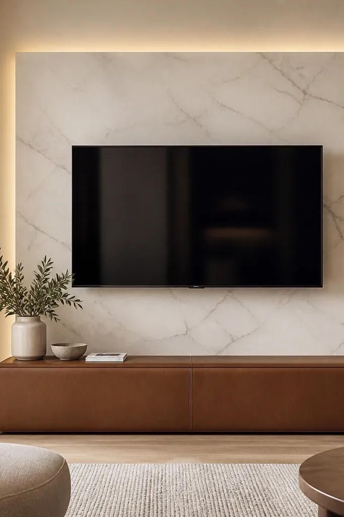 A TV is mounted on a marble-effect backplate in soft white with gray veining. Under the TV, there's a low leather storage bench in caramel brown with a clean front seam. Side walls are painted warm cream, and a recessed LED line runs behind the backplate edges.