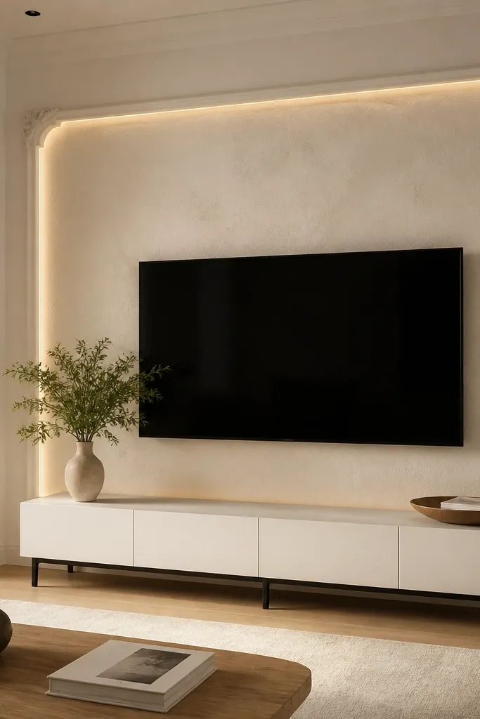A warm white TV wall with a plaster-like finish. An oversized picture rail molding runs around the TV area, with subtle crown details at corners. A slim LED strip is hidden behind the rail, and a white console with black legs sits underneath.