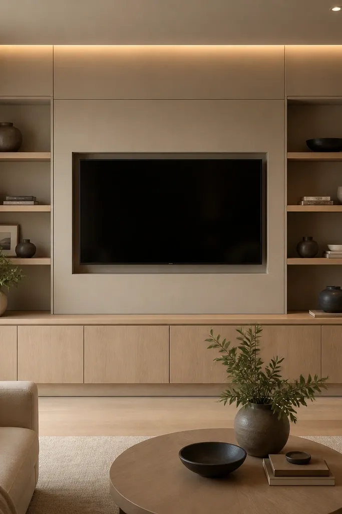 A built-in TV wall with light oak cabinetry on the bottom and greige paneling above. The TV sits in a centered opening, with two open shelves on either side. Soft LED strips line the top of the cabinet panels, and the room lighting is warm.