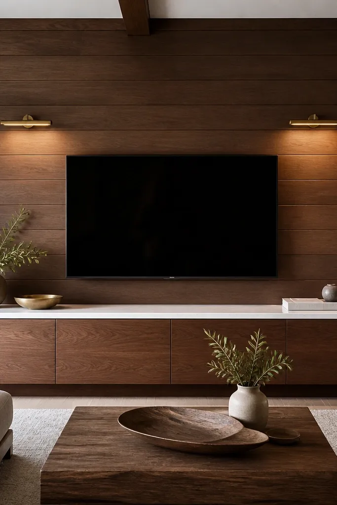 A TV mounted on walnut shiplap boards with horizontal lines. Brass picture lights hang on either side, aimed to create a soft wash above the TV. The media console is walnut with white quartz top, and there are two small brass sconces near the corners.