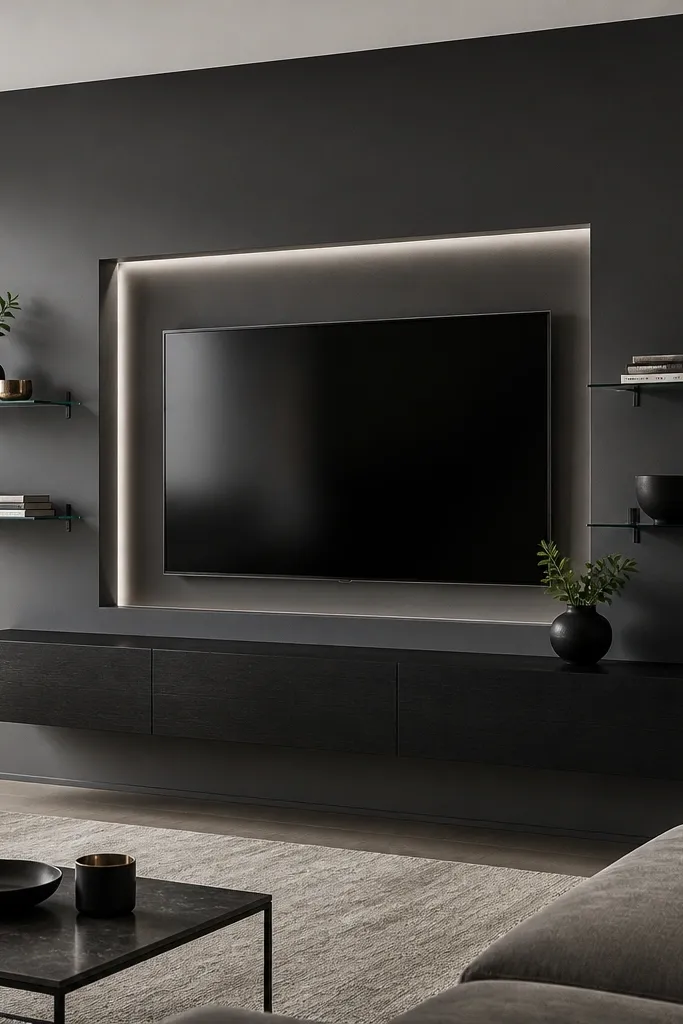 A charcoal painted TV wall with a recessed TV niche. Two floating glass shelves sit on either side of the niche, supported by thin black brackets. A slim floating console in black wood sits below the TV, and a cool-white LED strip outlines the niche.