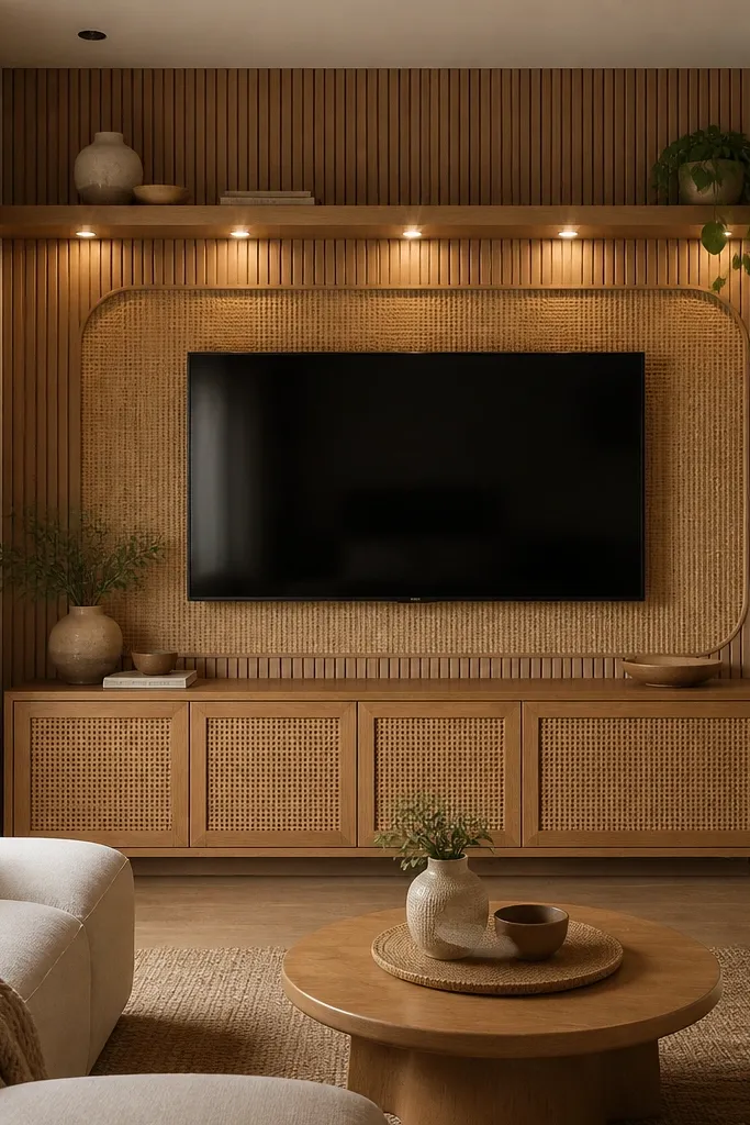 A TV mounted on an oak slat backing with a rattan-wrapped panel section above and around the TV area. The media console has cane-front cabinet doors in a honey tone. Warm LED dots line the underside of a shelf, and the room has beige textiles.