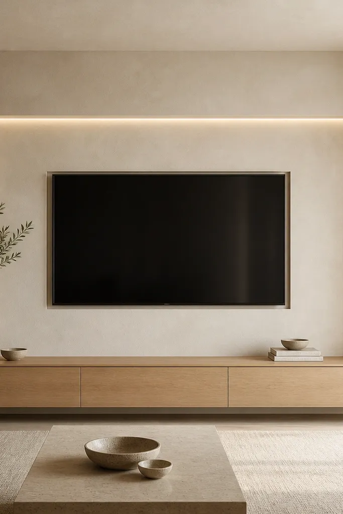 A pale sand plaster-finish wall with a recessed rectangular channel behind the TV. The TV sits in the center, framed by thin trim. A linear LED channel runs along the inside perimeter, glowing softly, and the console is minimal in light oak.