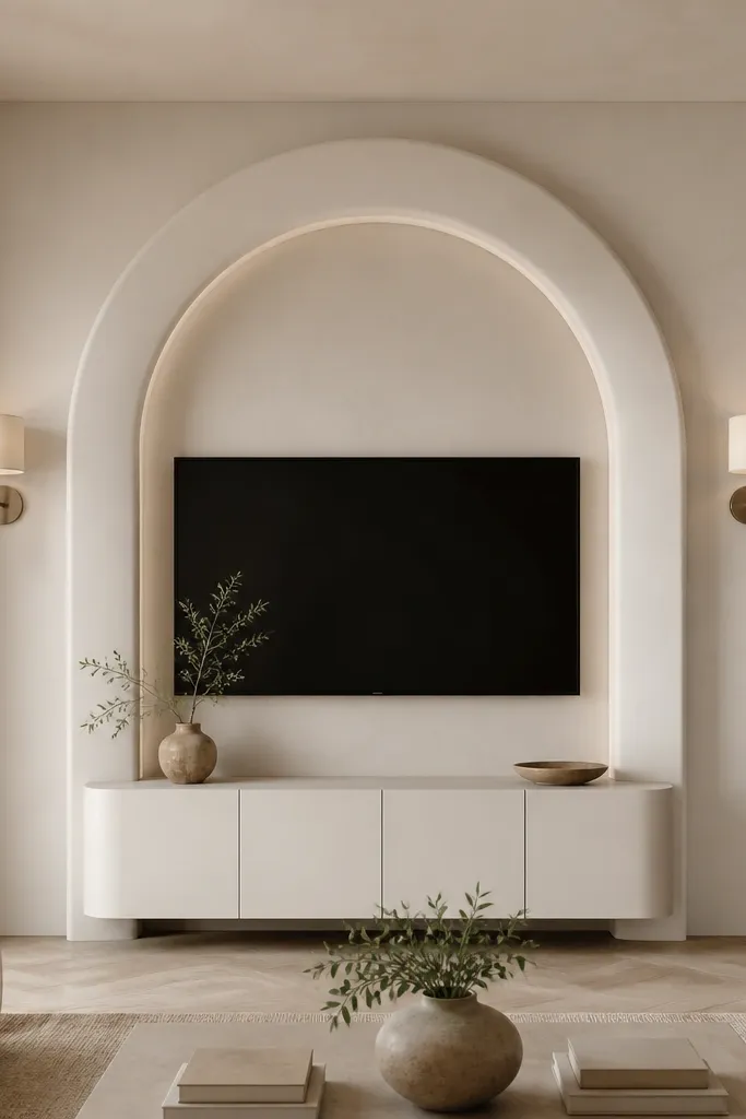 A TV framed by a tall arched surround in soft cream plaster. The arch has smooth sculpted curves and a shadow gap around the inner opening. A slim console in warm white sits below, and two small wall sconces with cream shades flank the arch.