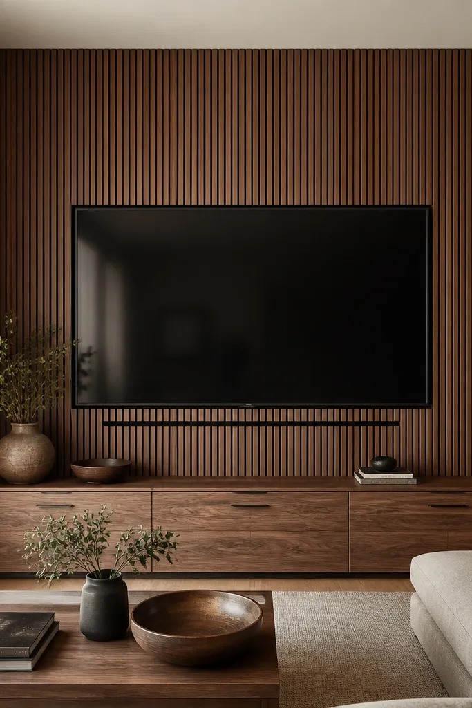 A walnut slat wall behind the TV with a perfectly aligned horizontal soundbar channel hidden below the screen. The slats run vertically, and a slim black frame outlines the TV opening. The console is walnut with matte black handles.