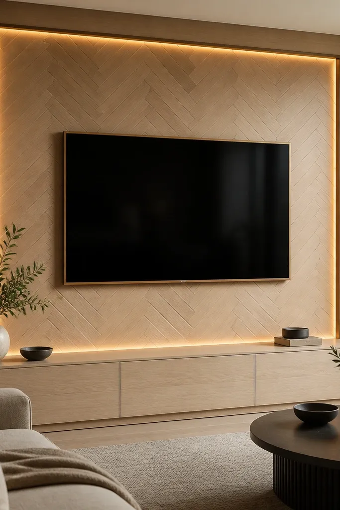 A TV wall with a white oak herringbone accent panel behind the screen. Bronze trim outlines the TV opening like a picture frame. A low white oak media console sits below, and warm LED strips glow behind the bronze trim.
