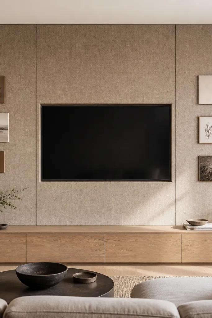 A TV wall covered in textured linen-look fabric panels in warm taupe. The TV sits centered in a slim recessed frame. Below, there's a light wood console, and small magnetic frames hold decor pieces that can be swapped easily.