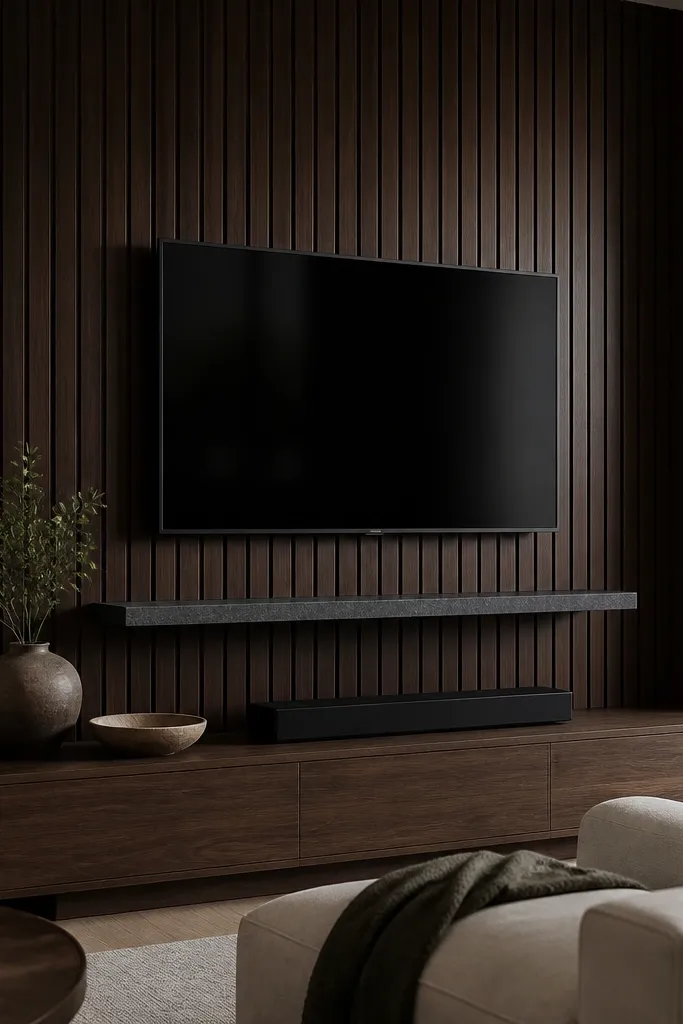 A TV mounted on dark walnut V-groove panels, with deep shadows between grooves. A floating stone shelf in dark gray sits below the TV with a hidden bracket. Side walls are warm light gray, and a low walnut console supports a soundbar.