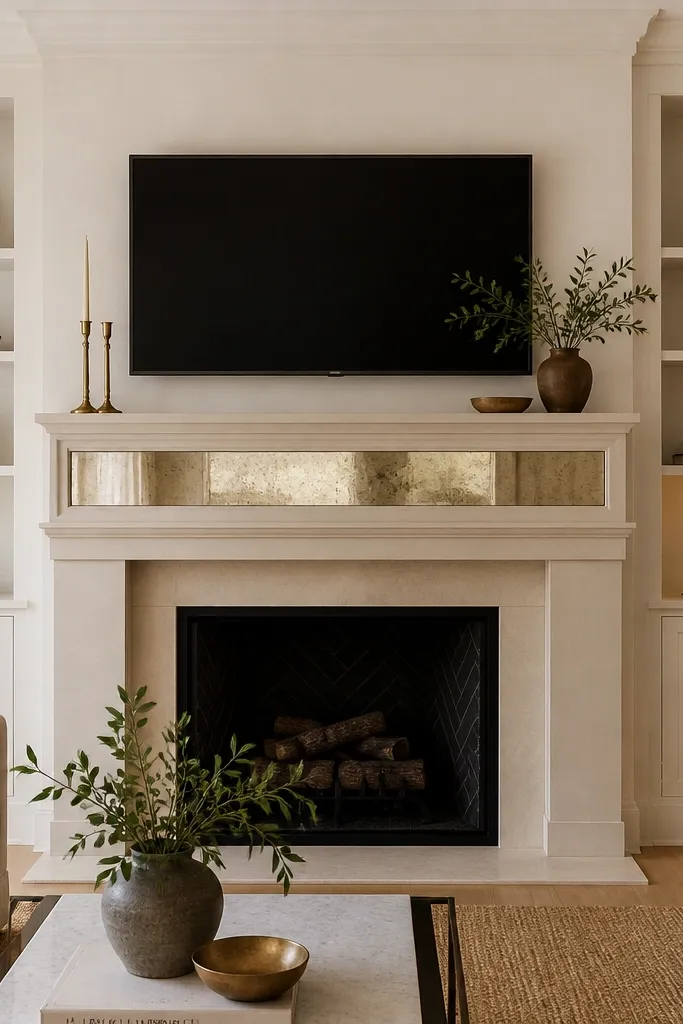 A fireplace-style media wall with a TV centered above a wide mantel. The mantel has a mirror-finish insert in the center, reflecting light. Flanking sides have built-in shelving, and the wall is painted warm white with bronze accents.