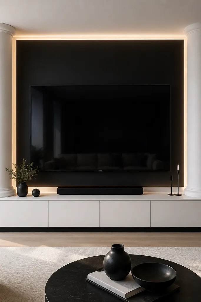 A satin black rectangular backplate behind the TV. On both sides, oversized white plinth columns rise from a low console to near the TV height. Thin LED lines glow around the backplate edges, and the console is minimal in white with black accents.