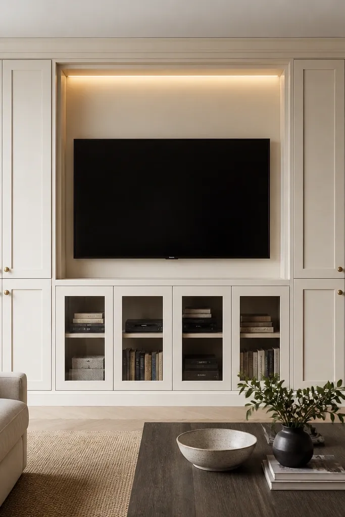 A cream shaker-style cabinet wall with symmetrical doors on both sides of the TV. The center has a glass door insert below the TV area, showing neatly arranged media. Brass knobs match warm lighting, and a recessed LED strip runs along the inner top edge.