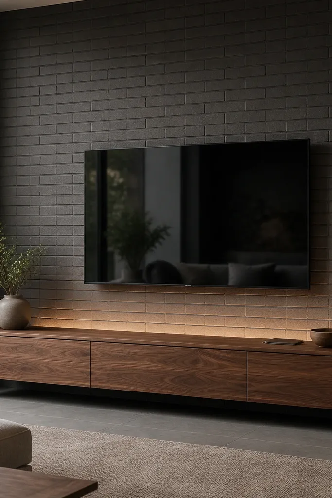 A TV mounted on a monochrome brick-effect wall in dark gray. The brick pattern is uniform and matte. A floating walnut media console sits below with a low profile, and warm LED uplights wash the brick behind the TV.