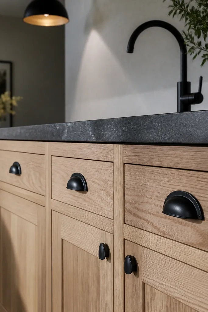 A kitchen where white oak cabinets have a natural, clear finish. Hardware is matte black cup pulls on drawers and black knobs on uppers. The backsplash is a cream and white subway tile with light speckle. Lighting is under-cabinet warm LED strips.