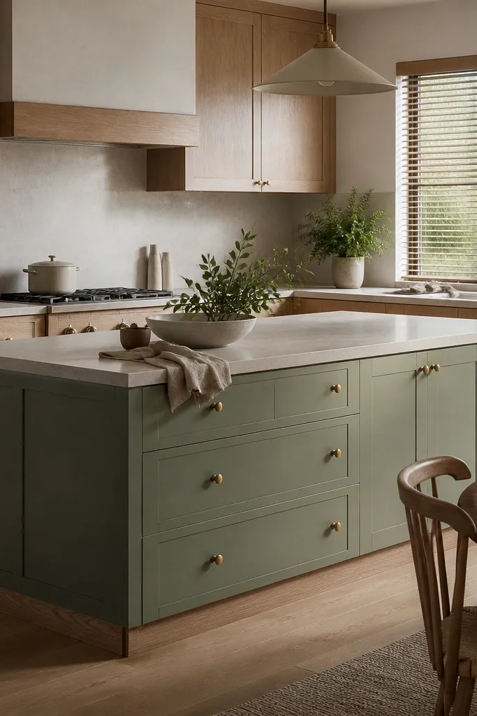 A kitchen with white oak perimeter cabinets and a painted island. The toe-kick under both the perimeter and island is in oak. The island has a muted sage paint and brass knobs. The walls are warm off-white and the backsplash is light veined stone-look tile.