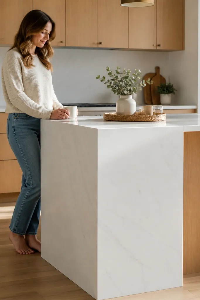 A kitchen with white oak cabinets, white quartz countertop, and a waterfall edge on the island. Hardware is small brushed nickel pulls. The backsplash is a clean white herringbone tile. The room has tall windows and soft natural light.