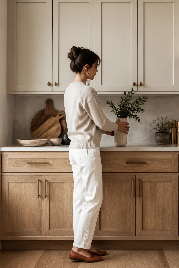 A kitchen with white oak lower cabinets and painted linen-white upper cabinets. The uppers have shaker doors. Hardware is matte black. The backsplash is soft beige tile with a subtle pattern. The island is also linen painted.