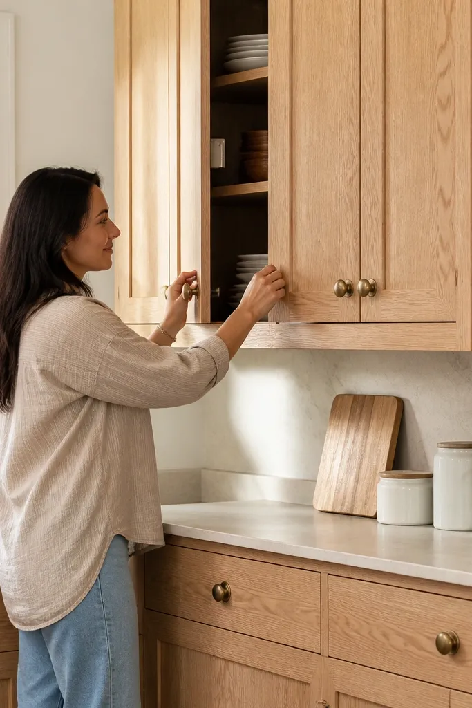 A traditional-feeling kitchen with white oak shaker cabinets, antique brass knobs, and a warm white marble-look backsplash. The countertop is light quartz with faint veining. The lighting is warm pendant above the island.
