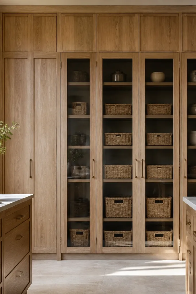 A kitchen with white oak cabinets where one wall has a full-height pantry. The pantry doors have vertical panels and the oak grain runs vertically. Hardware is brushed nickel. The wall paint is soft warm white and the backsplash is simple white tile.