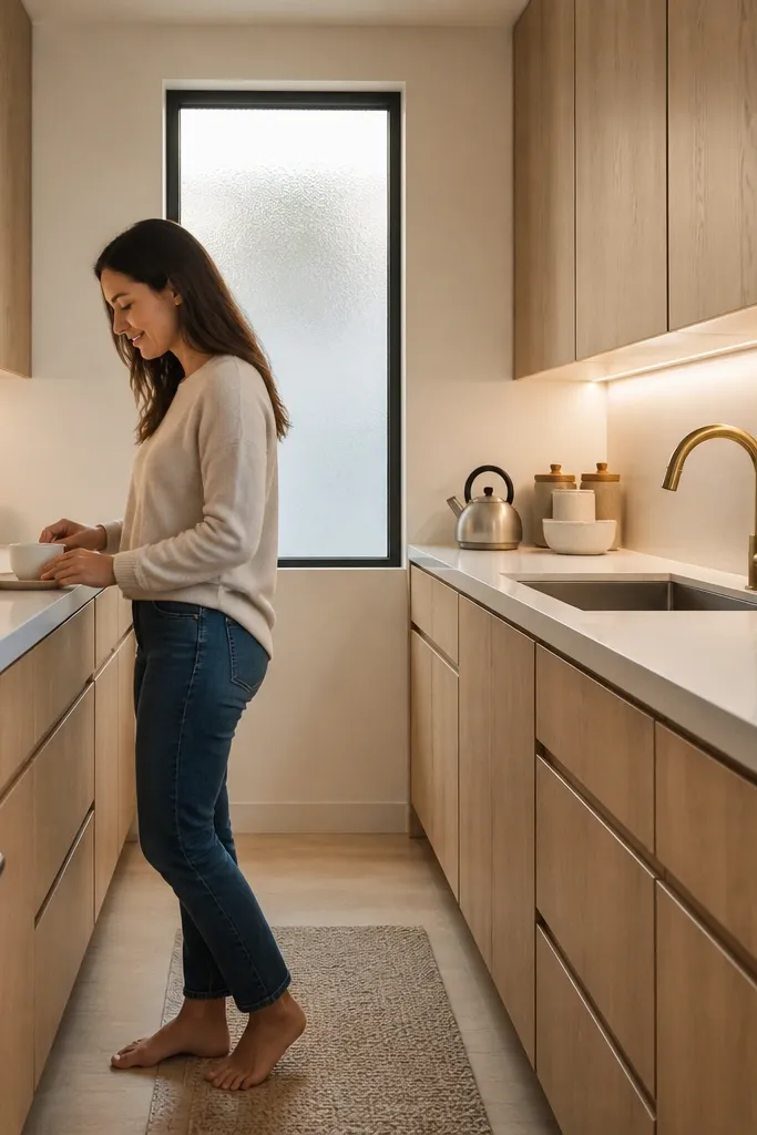 A bright kitchen with white oak cabinets and warm under-cabinet LED strips. There is a frosted glass panel or narrow window on the backsplash line. Hardware is brushed nickel. The backsplash is white with subtle texture.