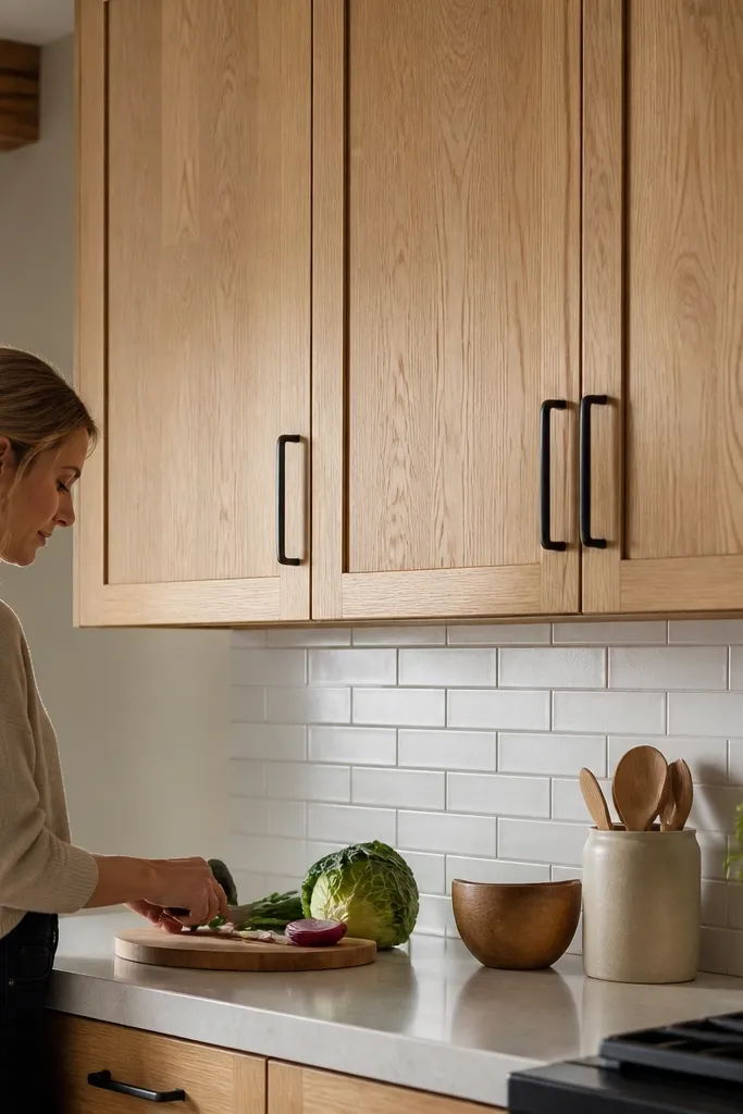 A kitchen with white oak cabinets and blackened bronze pulls. The backsplash is matte white subway tile with straight layout and light gray grout. The countertop is creamy quartz. Pendant lights have bronze shades.