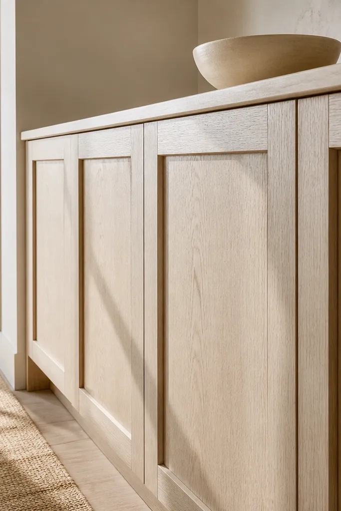 White oak cabinets with a slightly glazed finish that darkens the grain lines. The doors have shaker profiles. Hardware is brushed nickel. The backsplash is warm white with small beige specks.