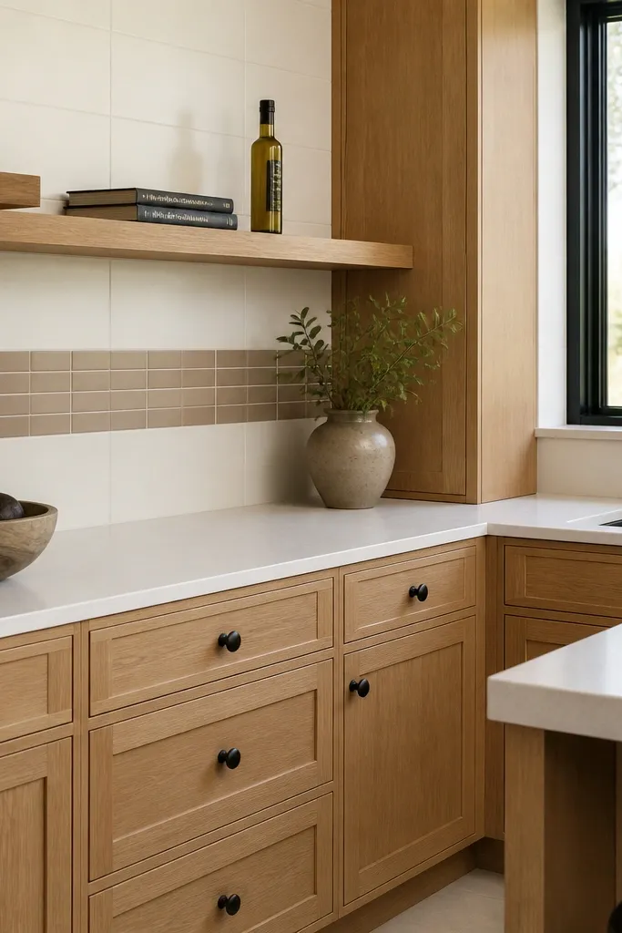 A kitchen with white oak cabinets and a floating white oak shelf above the stove. The backsplash has two tones: white tile on the sides and a light warm gray tile centered. Hardware is simple knobs in matte black.