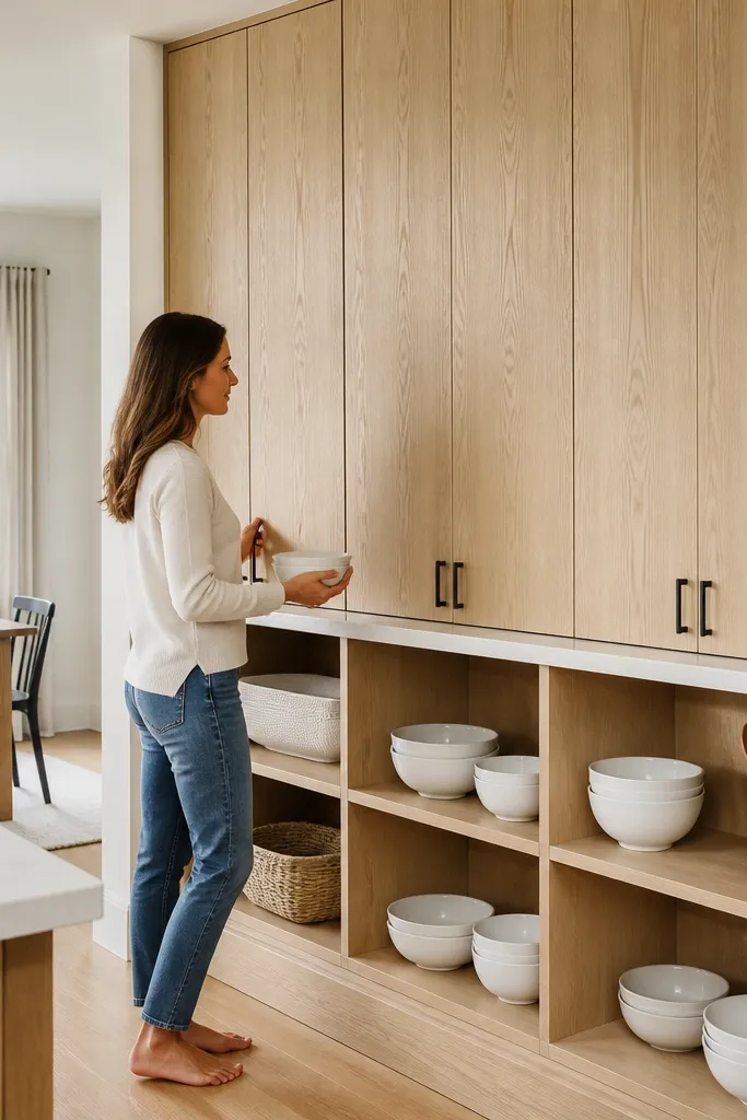 A kitchen where uppers go nearly to the ceiling in white oak, and the lower section has open shelves instead of doors. The open shelves show white bowls and a few wood cutting boards. Hardware is minimal. The backsplash is white tile.