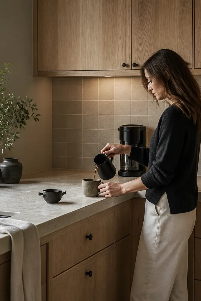 A kitchen with white oak cabinets and a quartzite-look countertop with warm beige and soft gray movement. The backsplash is a larger-format tile with warm gray grout lines. Hardware is brushed nickel. The room has warm lighting and a beige wall.