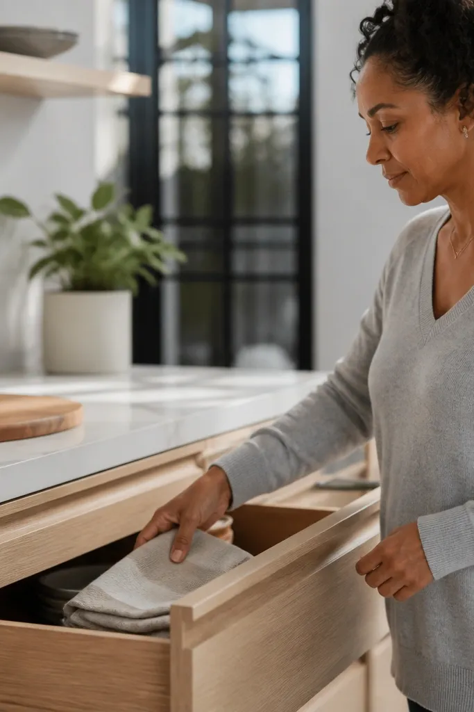 A kitchen with white oak cabinets featuring deep drawers. Hardware is integrated rail pulls along the drawer face in satin stainless. The doors have no visible knobs. The backsplash is white with subtle texture and the countertop is light gray quartz.