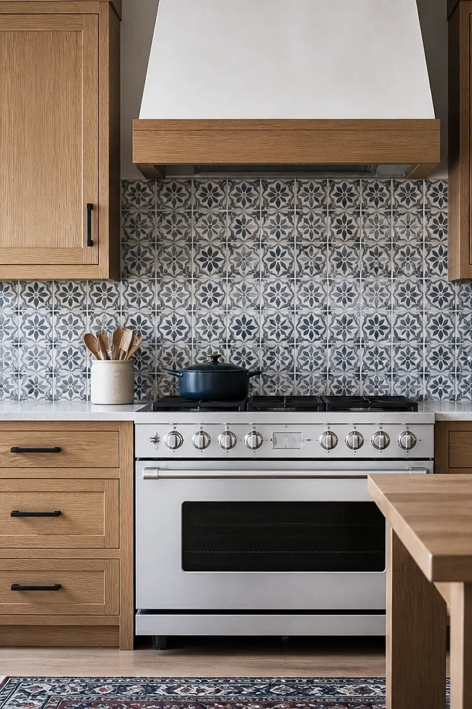 A kitchen with white oak cabinets and matte white walls. Behind the range there's a patterned encaustic-style tile in cream, tan, and muted blue. Hardware is matte black. The island countertop is light quartz and the backsplash elsewhere is plain tile.