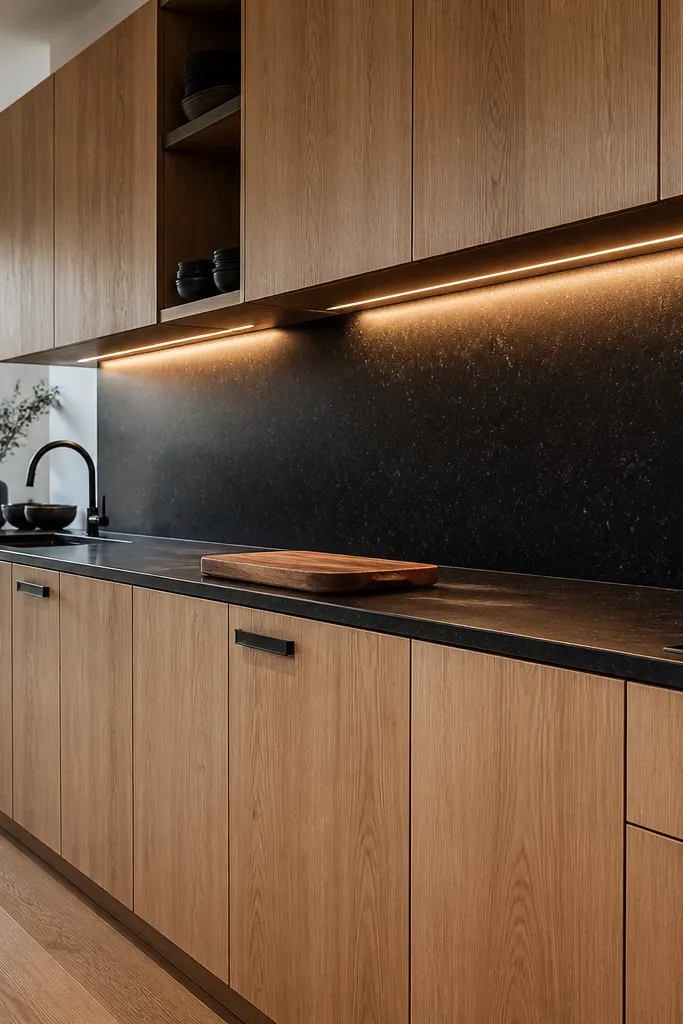 A kitchen with white oak cabinets and a black stone-look backsplash. Hardware is bronze or black. Under-cabinet lights shine warm onto the backsplash. The countertop is white with warm veining. The kitchen feels high-contrast.