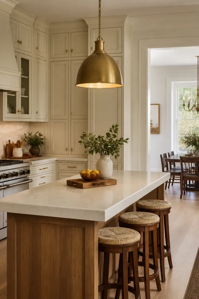 A kitchen with white oak cabinets in a shaker style, paired with off-white walls and a brass pendant light above the island. Hardware is small brass knobs. The backsplash is white tile. The island has a warm white countertop.