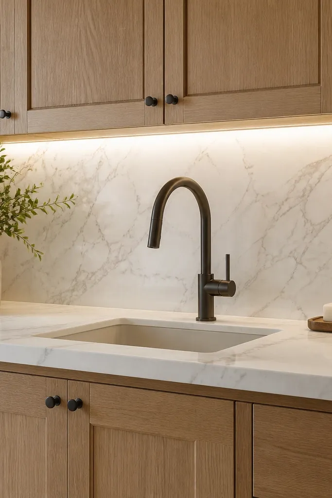 A kitchen with white oak cabinets, a countertop with white base and light gray veining, and a brushed nickel faucet. Hardware is brushed nickel. The backsplash is white tile with soft gray grout. The sink is a light farmhouse style.