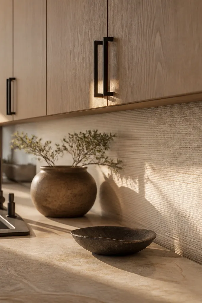 A kitchen with white oak cabinets and a textured backsplash that looks like linen fabric in cream. Hardware is soft black matte. The countertop is warm white. The cabinets have simple flat-panel doors.