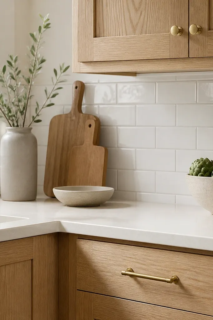 A kitchen corner photo showing white oak cabinet doors with a satin sheen, paired with a creamy off-white countertop edge. The backsplash is simple white subway tile, and the cabinet hardware is brushed brass.