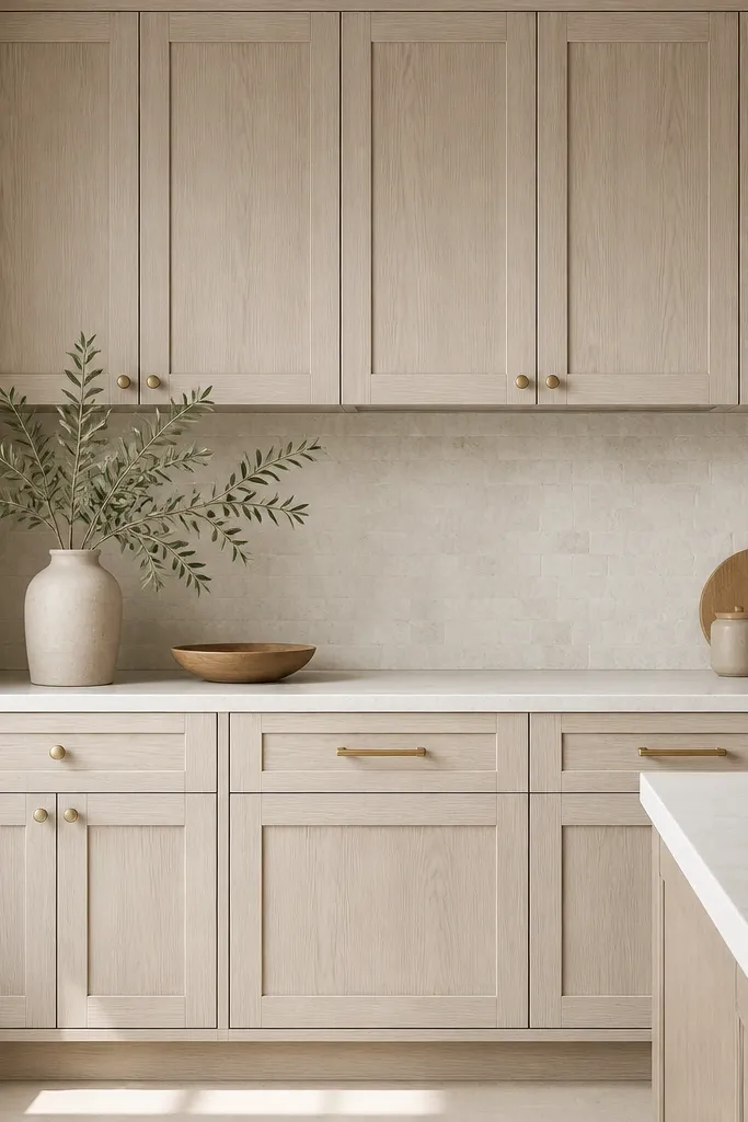 A straight-on view of lower and upper white oak cabinets with a slightly gray undertone. The walls are warm white, the backsplash is light stone, and the countertop is light with subtle veining.
