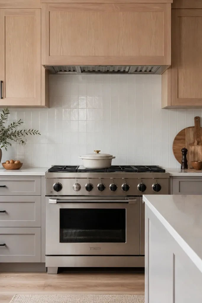 A kitchen with white oak upper cabinets and painted lower cabinets in a soft warm gray. The hardware is matte black, and there's a light backsplash behind a range.
