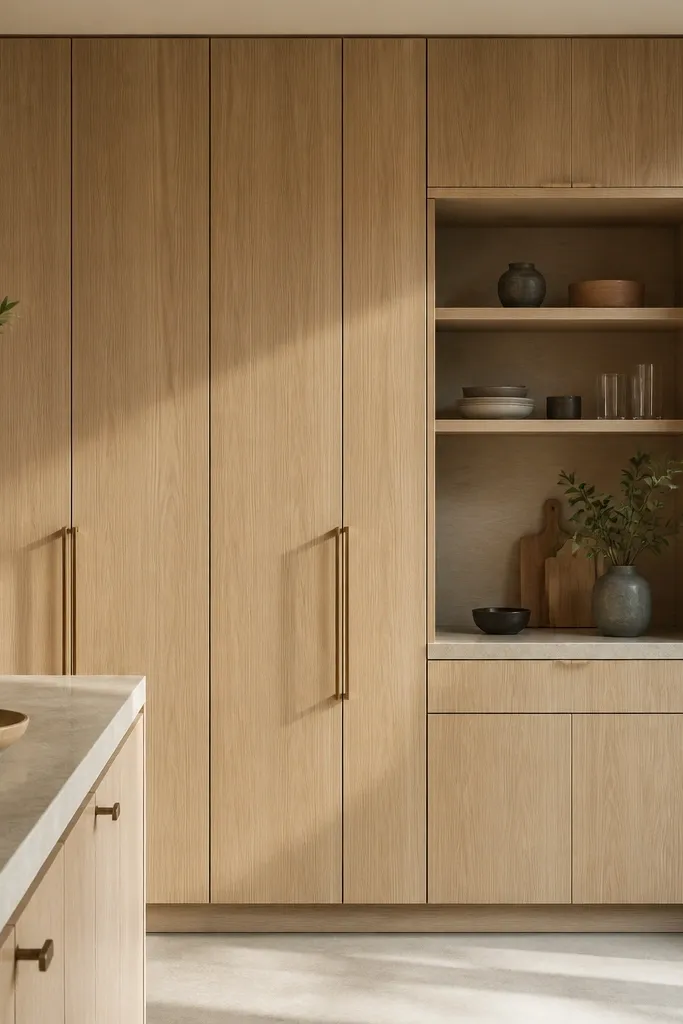 A tall pantry wall with white oak full-height panels and a single continuous grain pattern across doors. There are slim vertical pulls and a recessed area for shelves.