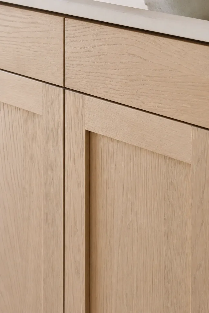 A close-up angle of white oak shaker cabinet doors with inset panels. The cabinet face looks matte-satin, and the hinges are concealed.