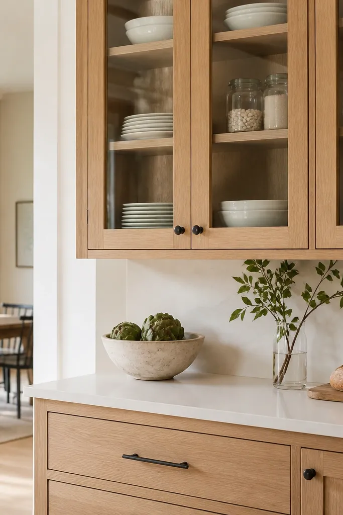 Upper cabinets with white oak frames and clear glass panels above a dining-adjacent counter. The inside shows neatly stacked white plates and glass jars.
